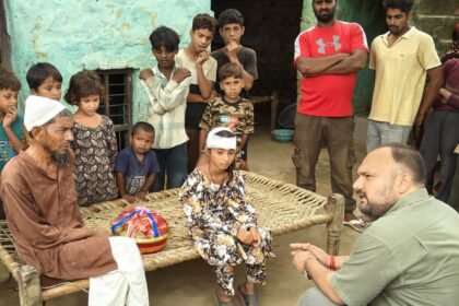 DM visits village to meet children injured due to falling plaster in school IMAGE CREDIT TO INFORMATION DEPARTMENT