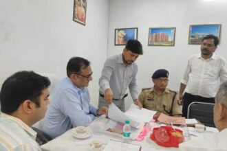 Ajay Chauhan, the nodal officer, inspected the police lines under construction in Hapur, and said the work should be completed on time and with quality IMAGE CREDIT TO INFORMATION DEPARTMENT