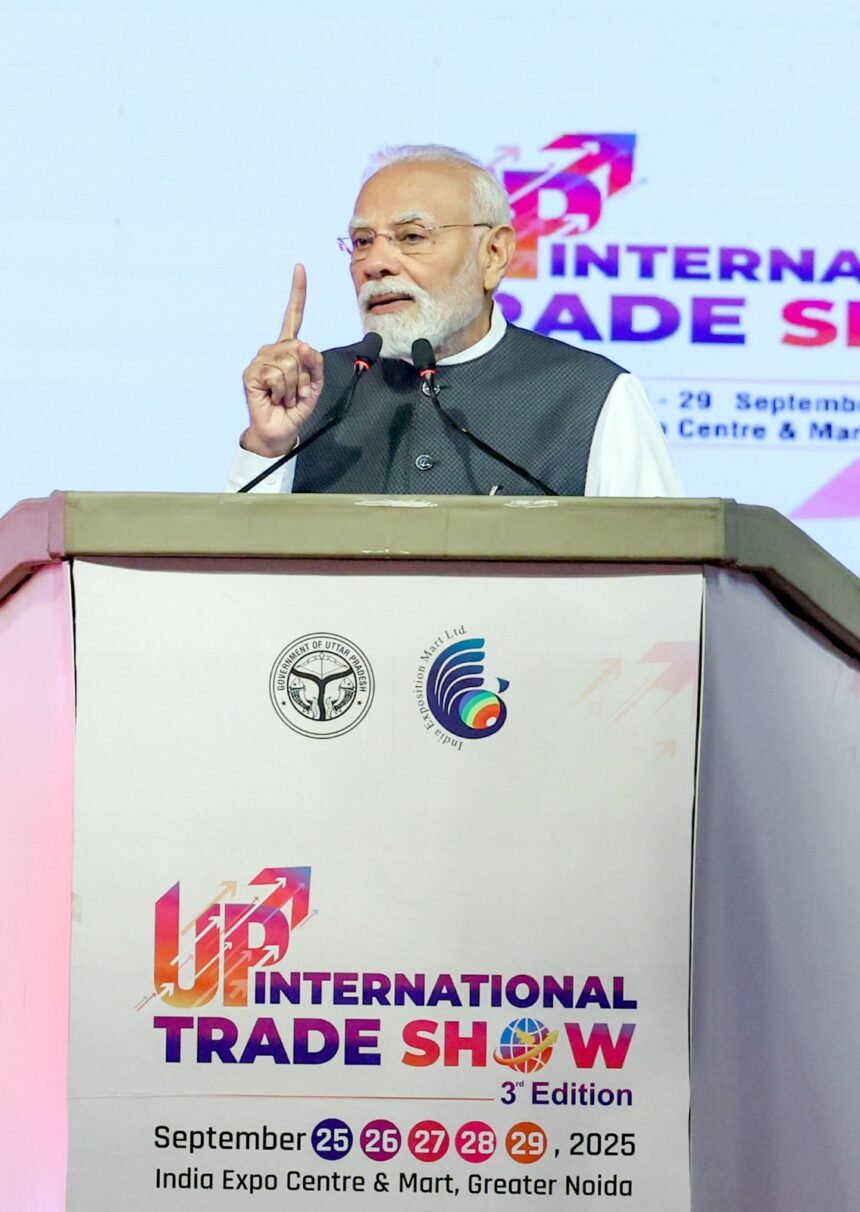 Prime Minister Modi issued a new call for "Atmanirbhar Bharat" (Self-Reliant India) from Gautam Buddh Nagar IMAGE CREDIT TO INFORMATION DEPARTMENT