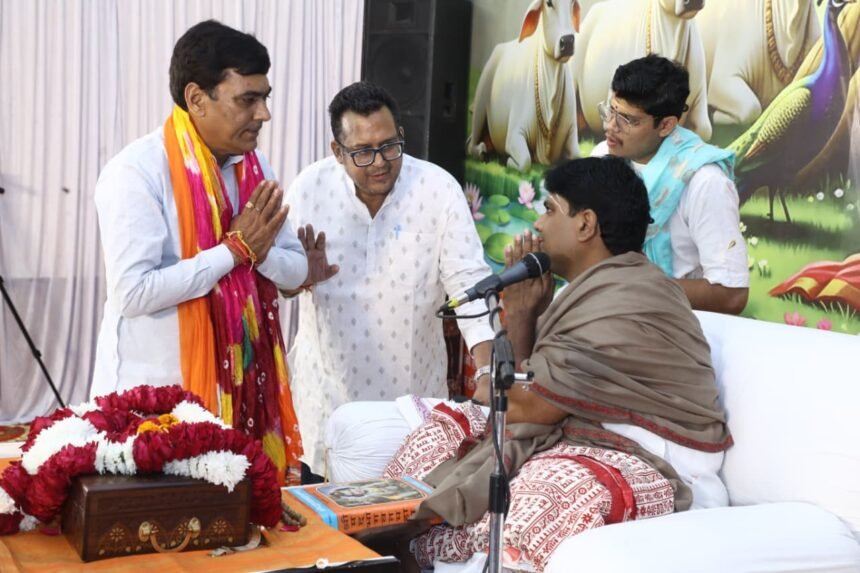 On the sixth day of the Srimad Bhagavat Katha, a tableau depicting Rukmini-Krishna’s wedding was displayed, with devotees immersed in devotion, and the venue resonating with cheers and chants IMAGE CREDIT TO Hardik Bhai Joshi