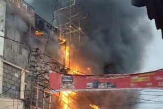 Massive fire breaks out in electronics showroom in Muradnagar, goods worth lakhs destroyed, questions raised over fire safety arrangements IMAGE CREDIT TO REPORTER