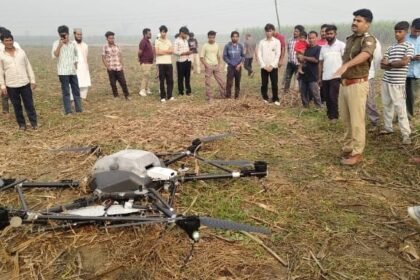 A mysterious giant drone was found in a field, causing a stir among the villagers. The police and forensic team have launched an investigation, while rumors are spreading rapidly on social media IMAGE CREDIT TO POLICE