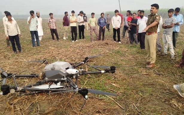 A mysterious giant drone was found in a field, causing a stir among the villagers. The police and forensic team have launched an investigation, while rumors are spreading rapidly on social media IMAGE CREDIT TO POLICE
