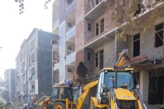 In Indraprasth Loni, the authority’s bulldozer demolished a five-storey illegal building constructed rapidly using a fake map; a case has been filed against two people IMAGE CREDIT TO AUTHORITY