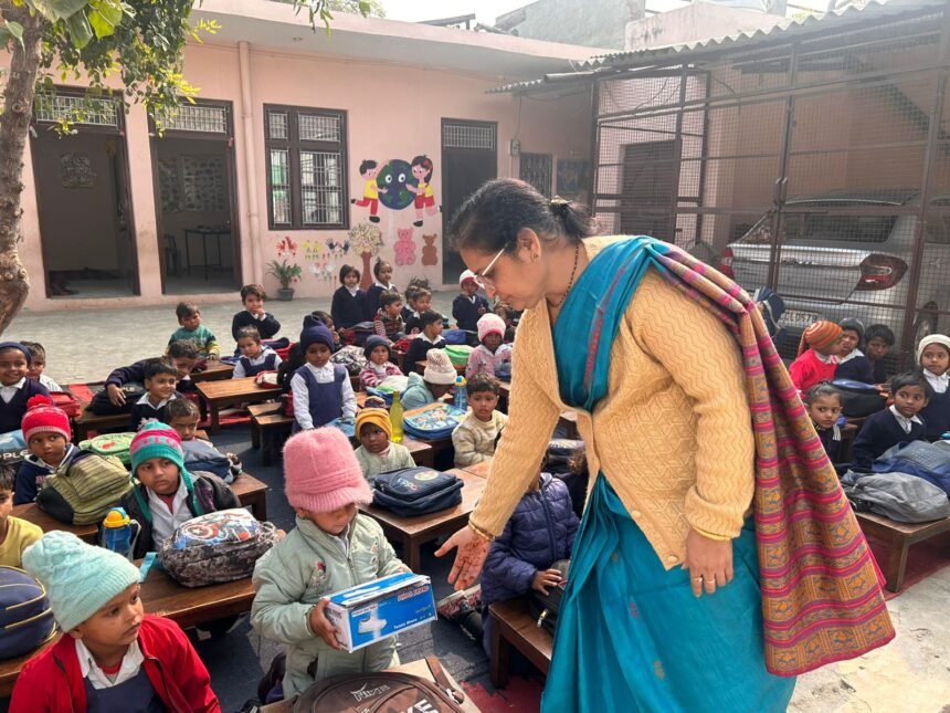 Shoes distributed to children of the Sanskar Kendra, motivating them toward education IMAGE CREDIT TO SCHOOL