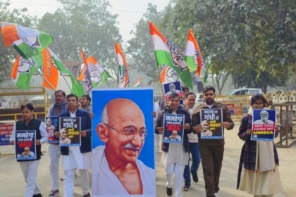 Congress staged a massive protest at the Collectorate against the renaming of MNREGA IMAGE CREDIT TO CONGRESS
