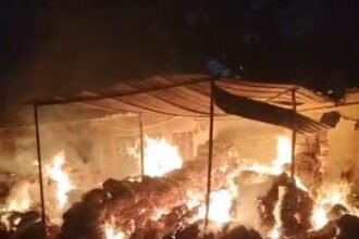 Fire breaking the silence of the night in Naveen Mandi, three shops including gunny warehouse burnt to ashes, loss worth lakhs IMAGE CREDIT TO REPORTER