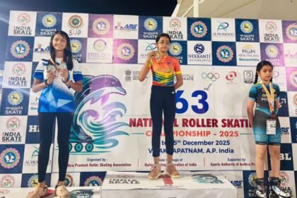 Mahi Bhardwaj, a student of JKG International School, Vijay Nagar, won the golden flag in the National Roller Skating Championship IMAGE CREDIT TO SCHOOL