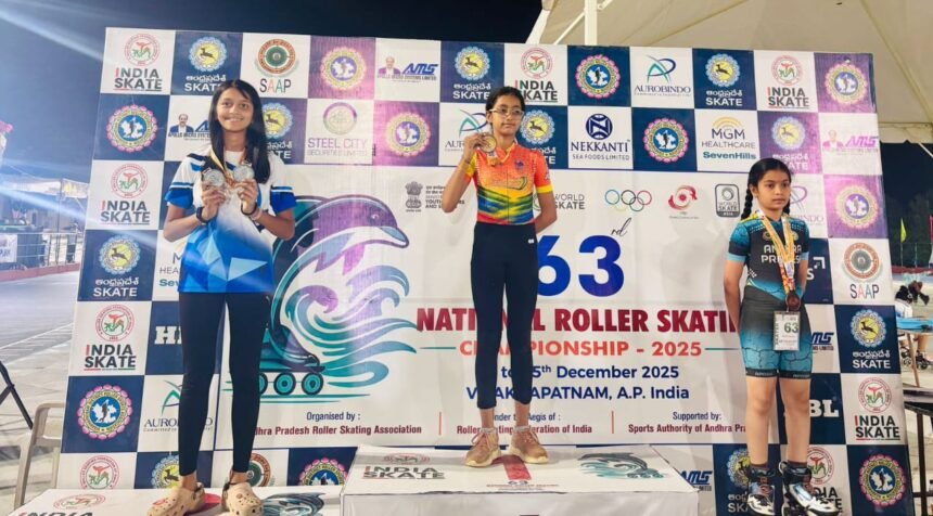 Mahi Bhardwaj, a student of JKG International School, Vijay Nagar, won the golden flag in the National Roller Skating Championship IMAGE CREDIT TO SCHOOL
