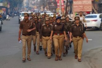 ACP Upasana Pandey conducted flag march with police force at Sihani Gate IMAGE CREDIT TO POLICE