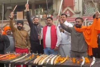 Hindu Raksha Dal workers went door-to-door and distributed weapons IMAGE CREDIT TO हिंदू रक्षा दल