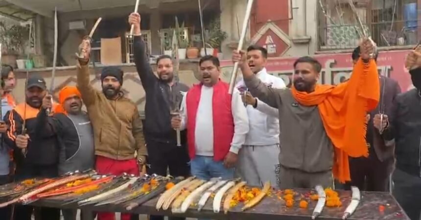 Hindu Raksha Dal workers went door-to-door and distributed weapons IMAGE CREDIT TO हिंदू रक्षा दल