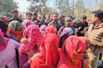 Villagers angry at electricity sub-station after electric accident, demand for justice and treatment for burnt contract workers IMAGE CREDIT TO REPORTER