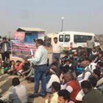 Airport affected youth adamant on the demand for permanent employment, staged a sit-in at Jewar airport gate IMAGE CREDIT TO REPORTER