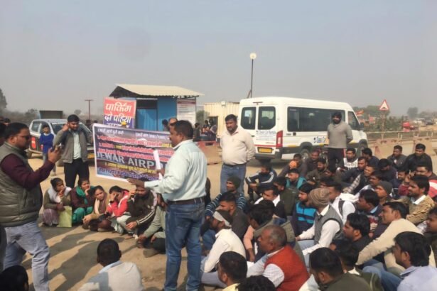 Airport affected youth adamant on the demand for permanent employment, staged a sit-in at Jewar airport gate IMAGE CREDIT TO REPORTER