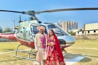 Bride Arrives at In-Laws’ Home by Helicopter, Crowd Gathers to Watch IMAGE CREDIT TO REPORTER