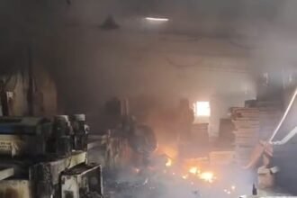 A fire broke out in a factory; the fire department arrived and brought it under control. IMAGE CREDIT TO दमकल विभाग