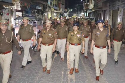 In view of the upcoming festivals, police conducted foot patrols in Kairana, and the SP reviewed the security arrangements. IMAGE CREDIT TO POLICE
