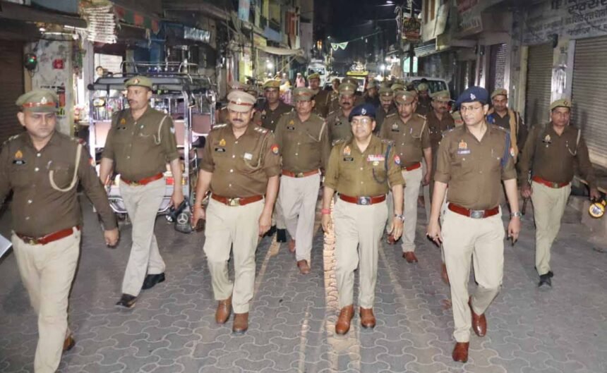 In view of the upcoming festivals, police conducted foot patrols in Kairana, and the SP reviewed the security arrangements. IMAGE CREDIT TO POLICE