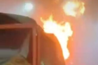 Severe fire breaks out in a moving canter on National Highway-9; vehicle loaded with toys reduced to ashes. Short circuit suspected, major accident averted IMAGE CREDIT TO REPORTER