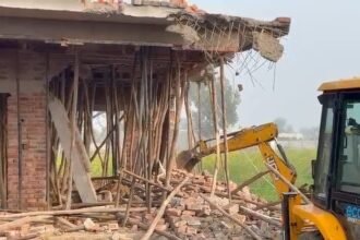 Bulldozer drive by Yamuna Expressway Industrial Development Authority clears 10 hectares of encroached land IMAGE CREDIT TO AUTHORITY