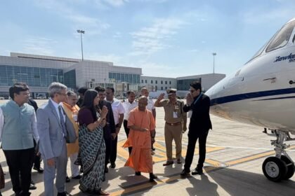 Chief Minister Yogi Adityanath became the first passenger on the inaugural flight, taking a historic journey from Jewar Airport to Lucknow. IMAGE CREDIT TO सूचना विभाग