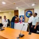 On the occasion of the 35th birth anniversary of Bhimrao Ramji Ambedkar, officials at the municipal corporation offered floral tributes to his portrait. IMAGE CREDIT TO NAGAR NIGAM