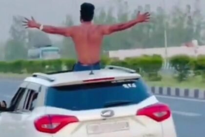 On NH-9, a viral video showed a person performing a stunt while semi-nude on the roof of a car; a challan of ₹21,500 was issued. IMAGE CREDIT TO POLICE