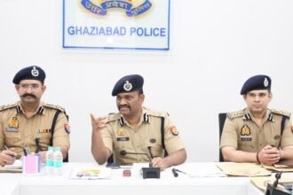 Police Commissioner **J. Ravinder Gaud** held a meeting with subordinate officers to make Ghaziabad crime-free. IMAGE CREDIT TO POLICE