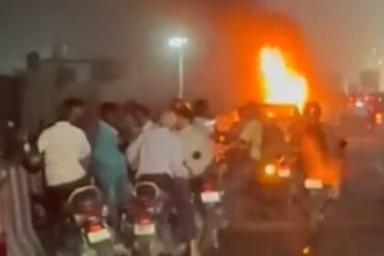 A moving car turned into a fireball, causing panic on NH-9. IMAGE CREDIT TO POLICE