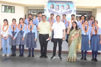 In the Central Board of Secondary Education Intermediate examination, Navya Jain topped the district, bringing a wave of खुशी (joy) among the students IMAGE CREDIT TO स्कूल