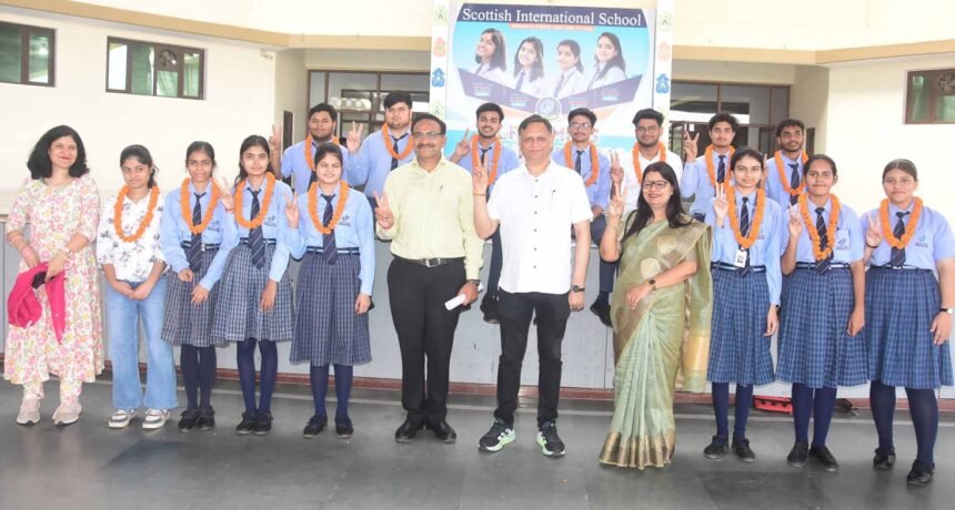 In the Central Board of Secondary Education Intermediate examination, Navya Jain topped the district, bringing a wave of खुशी (joy) among the students IMAGE CREDIT TO स्कूल