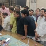 Shopkeepers affected by the construction of a railway overbridge staged a protest at the tehsil office. IMAGE CREDIT TO REPORTER