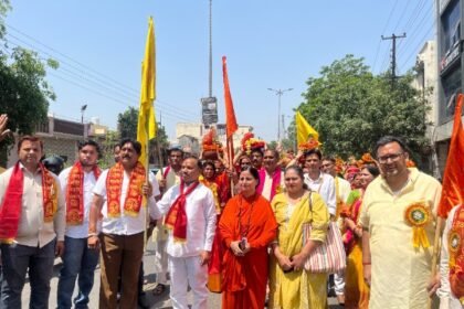 “A grand Shri Ram Katha Gyan Yagna will begin from May 17; a Kalash Yatra was taken out in the city.” IMAGE CREDIT TO दिव्य ज्योति जागृति संस्थान