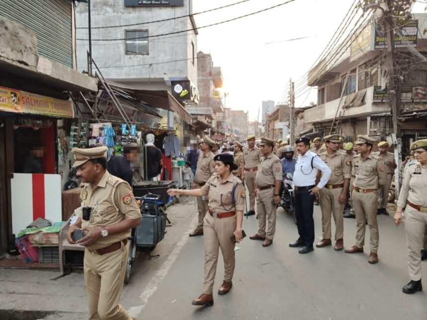 Under the “Do Gaj Peeche” campaign, the police removed encroachments and also made people aware about keeping a safe distance. IMAGE CREDIT TO POLICE