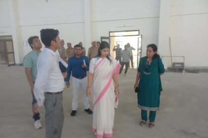 The District Magistrate, Kavita Meena, conducted a surprise inspection of the under-construction sports stadium in Babugarh. IMAGE CREDIT TO सूचना विभाग
