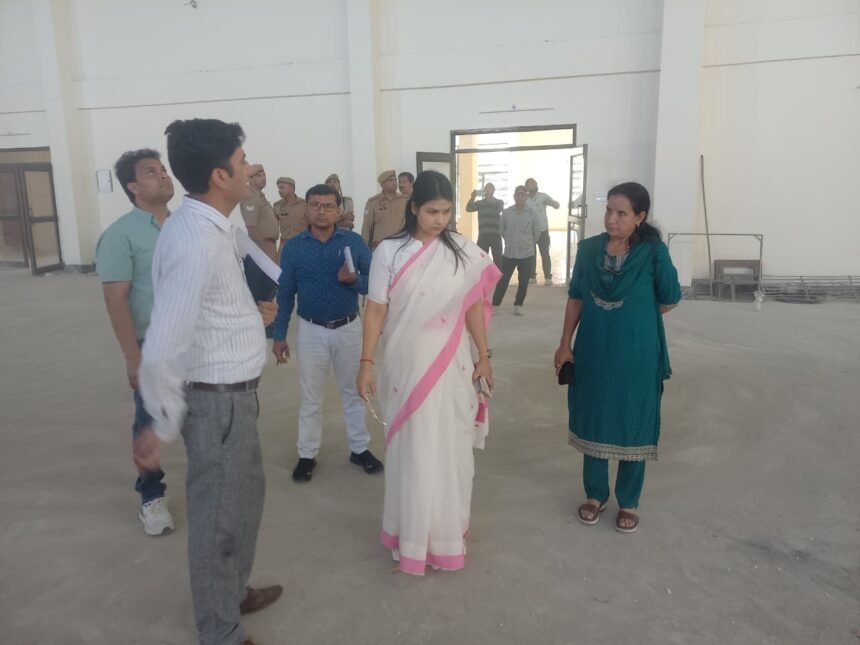 The District Magistrate, Kavita Meena, conducted a surprise inspection of the under-construction sports stadium in Babugarh. IMAGE CREDIT TO सूचना विभाग
