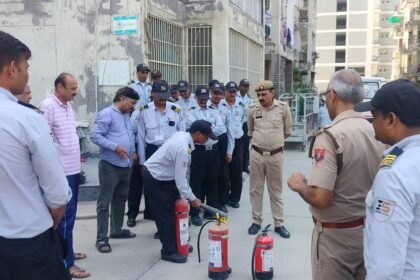 Fire safety arrangements in high-rise buildings were tested through a mock drill, and notices were issued for identified shortcomings. IMAGE CREDIT TO फायर डिपार्मेंट