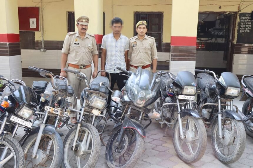 A member of an inter-state vehicle theft gang has been arrested, 14 stolen motorcycles have been recovered, and two accomplices are still absconding. IMAGE CREDIT TO POLCE