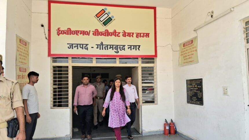 “The District Magistrate conducted a monthly inspection of the EVM-VVPAT warehouse and reviewed security arrangements.” IMAGE CREDIT TO सूचना विभाग