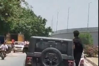 “Hanging out of a Thar while doing stunts proved costly; a ₹12,000 challan was issued after the video went viral.” — IMAGE CREDIT TO पुलिस