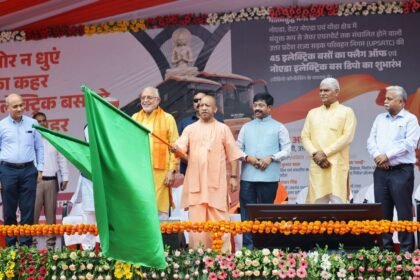 Yogi Adityanath has given a major boost to green transport in Gautam Buddh Nagar, virtually flagging off 48 buses — IMAGE CREDIT TO सूचना विभाग