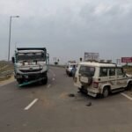 A dumper truck collided with a police vehicle assigned to the security detail of the Mant MLA, resulting in the death of a police sub-inspector (station officer). IMAGE CREDIT TO पुलिस