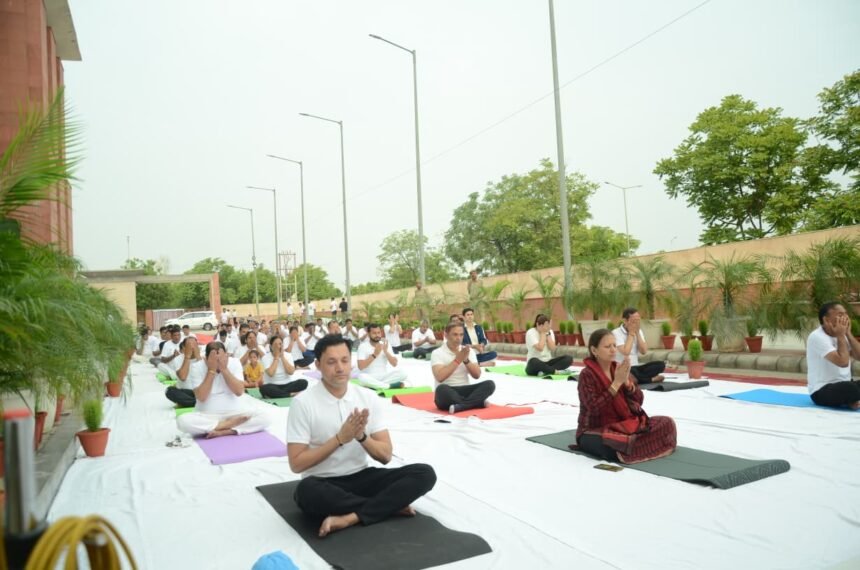 Grand yoga event in Madhuban Bapudham: GDA shared the mantra of a healthy life at the under-construction Bunkar Mart. IMAGE CREDIT TO प्राधिकरण