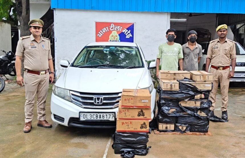 Teela Mor Police Arrest Two Accused for Smuggling Haryana-Branded Liquor in a Luxury Car IMAGE CREDIT TO पुलिस