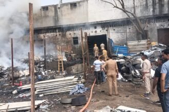 Writing Fire Breaks Out at a Scrap Warehouse in Hindon Vihar, Brought Under Control by Four Fire Tenders IMAGE CREDIT TO फायर विभाग