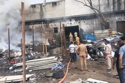 Writing Fire Breaks Out at a Scrap Warehouse in Hindon Vihar, Brought Under Control by Four Fire Tenders IMAGE CREDIT TO फायर विभाग