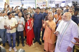 Amit Shah Speaks at the UP International Trade Show, Says Uttar Pradesh Will Become a Major Global Hub for Industry and Investment — IMAGE CREDIT TO सूचना विभाग